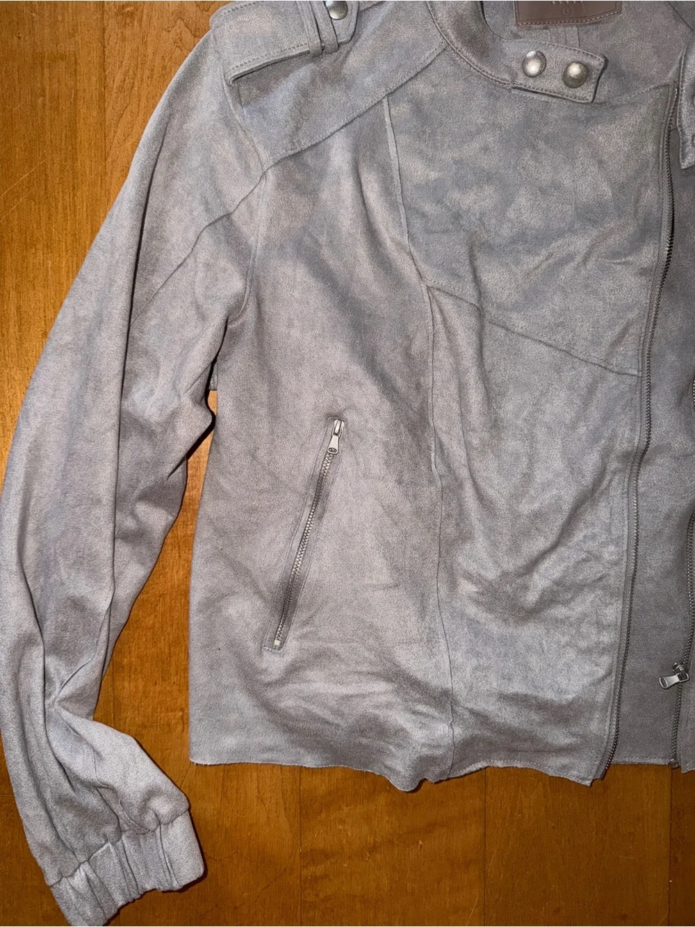 BLANKNYC Faux Suede Moto Jacket Light Gray Zipped No Collar